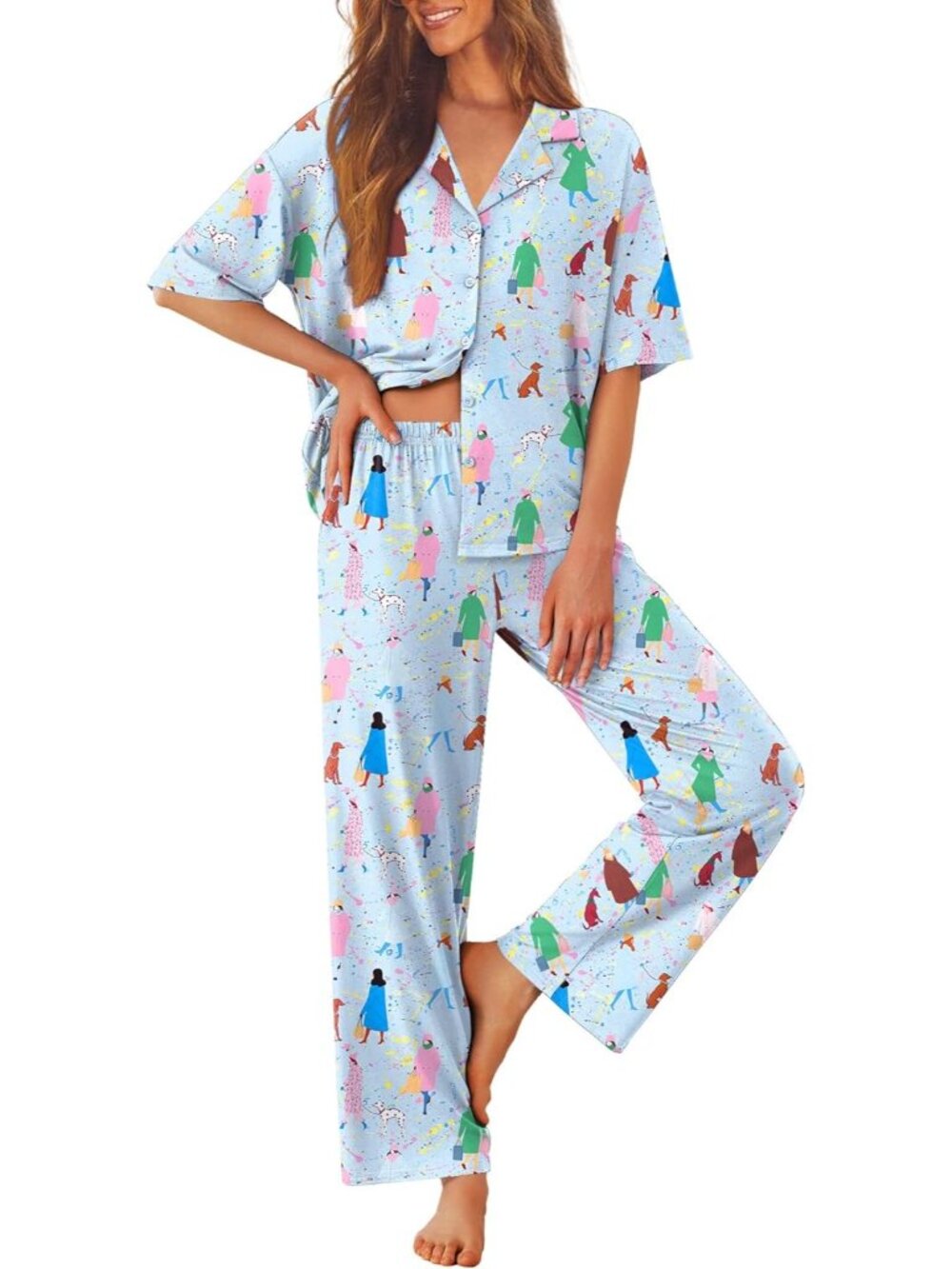 Women City Walk Notch Lapel Short Sleeve Shirt Sleepwear with Long Pajamas Set